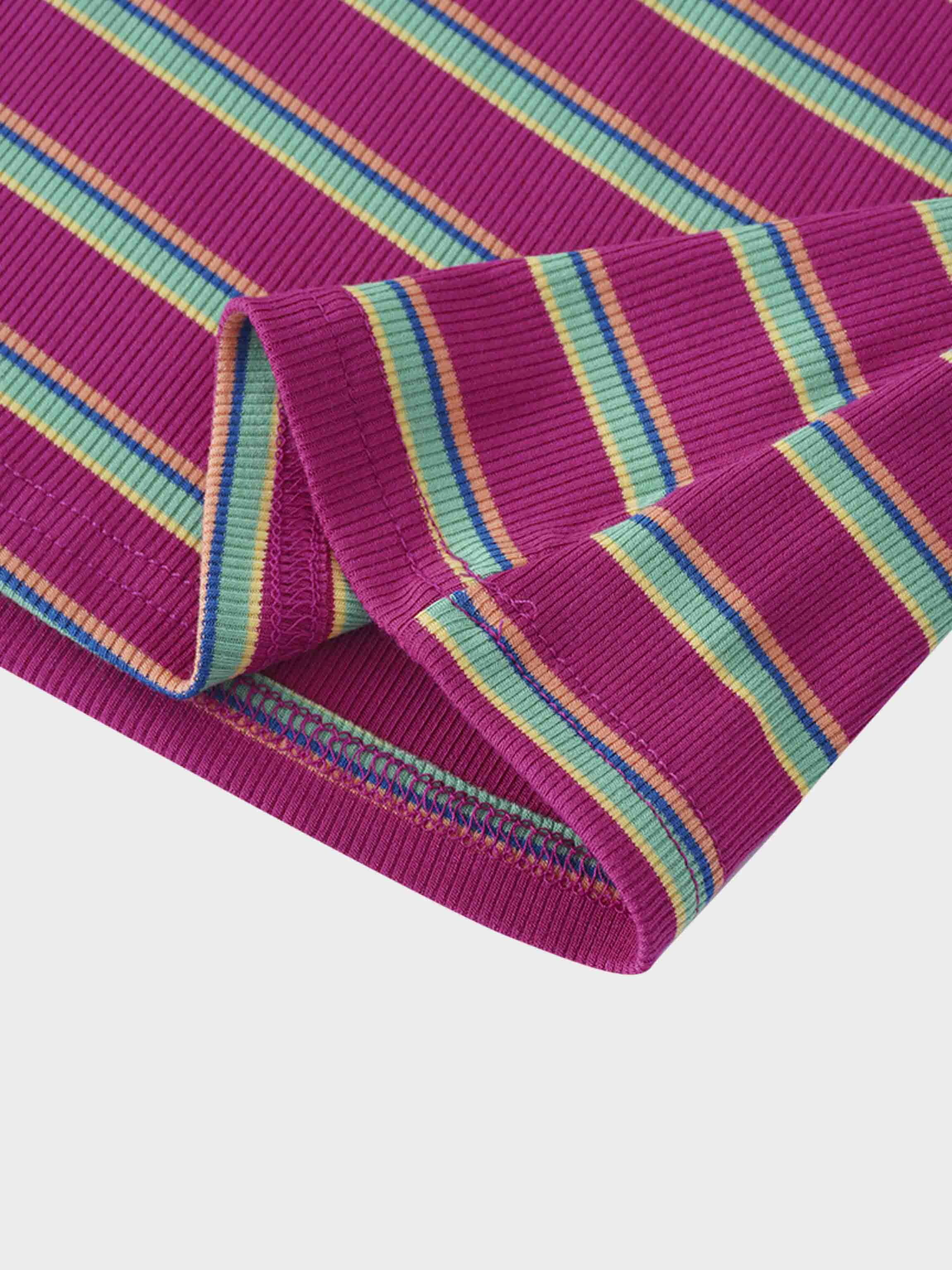 Ribbed Striped High V Tee Long Sleeve-Hot Pink