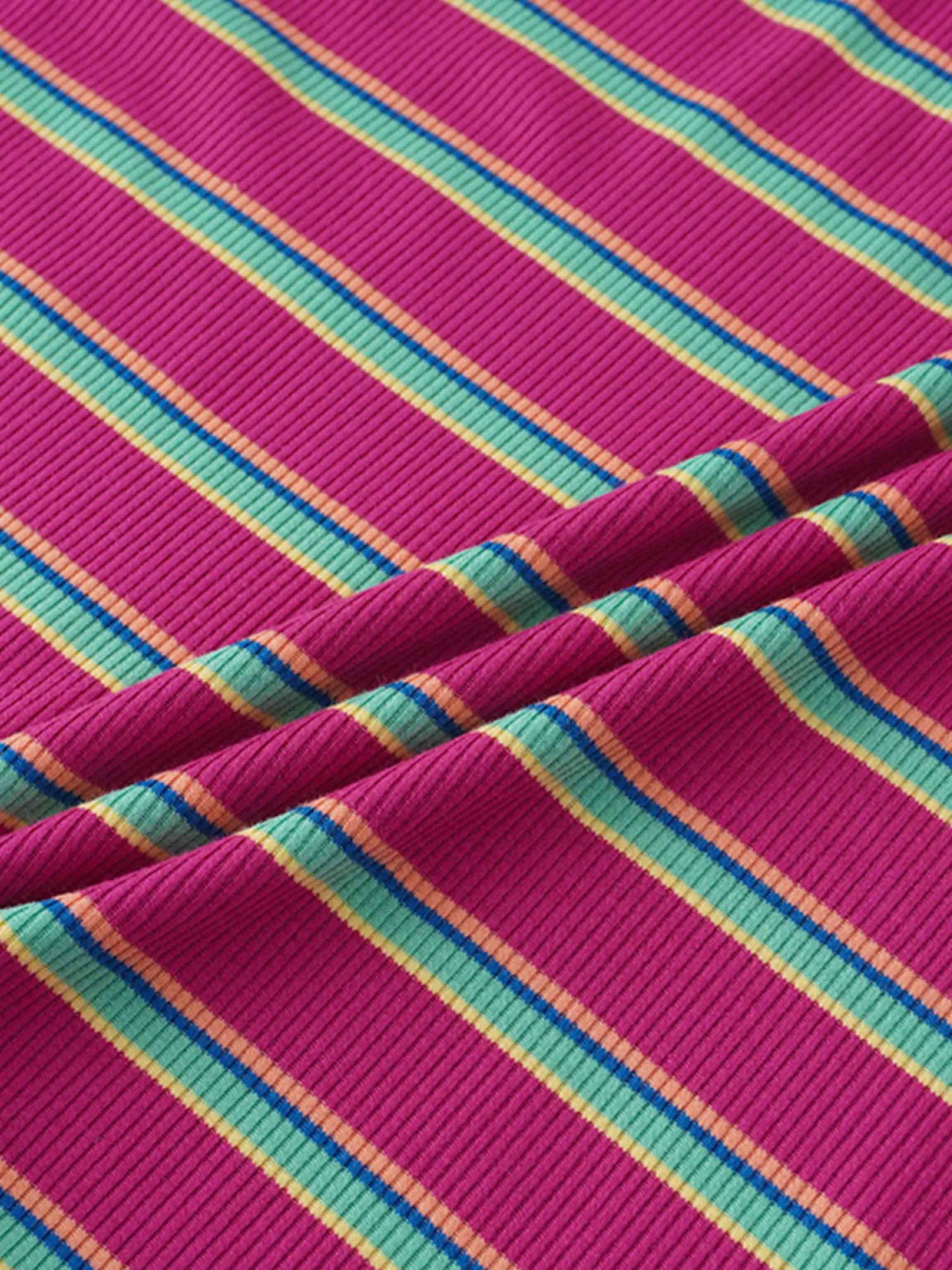 Ribbed Striped High V Tee Long Sleeve-Hot Pink