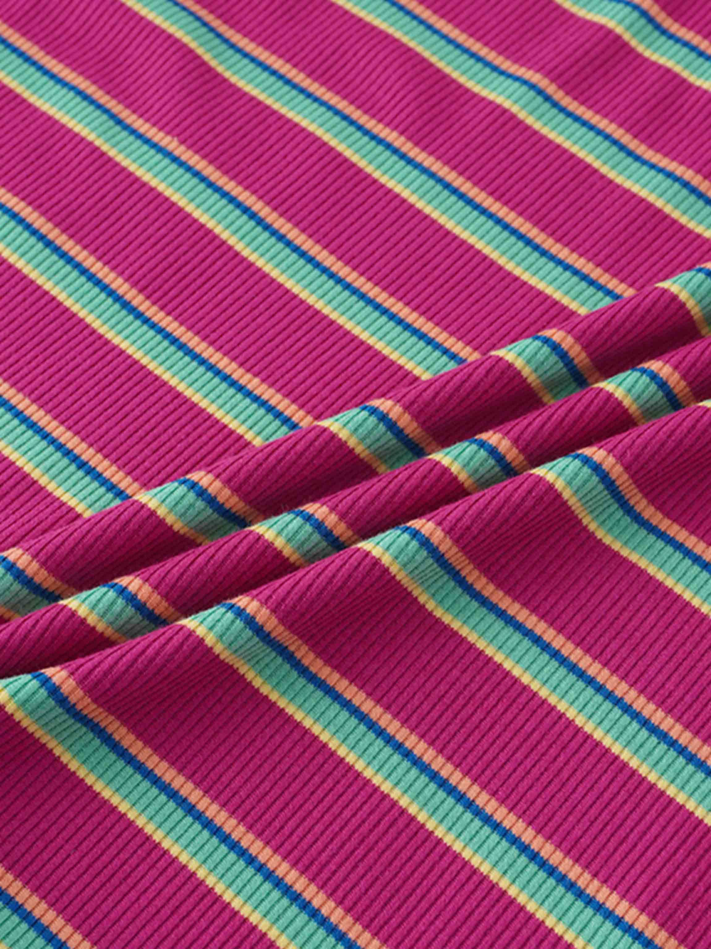 Ribbed Striped High V Tee Long Sleeve-Hot Pink