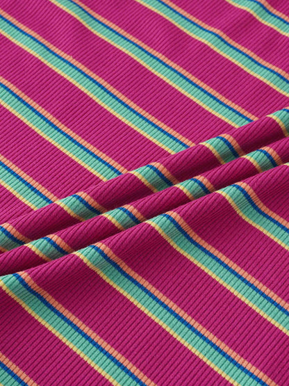 Ribbed Striped High V Tee Long Sleeve-Hot Pink