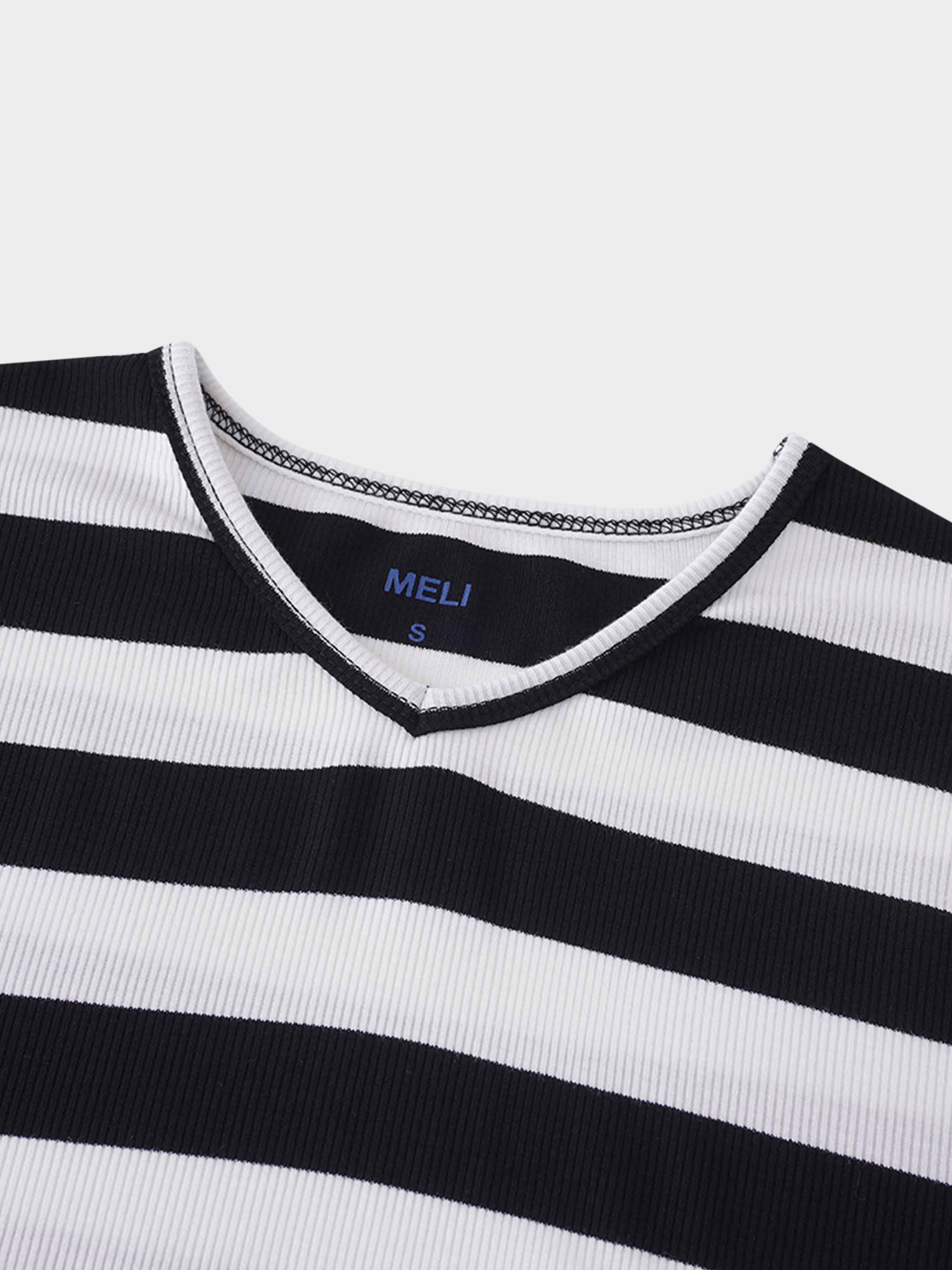 Ribbed Striped High V Tee Long Sleeve-White/Black