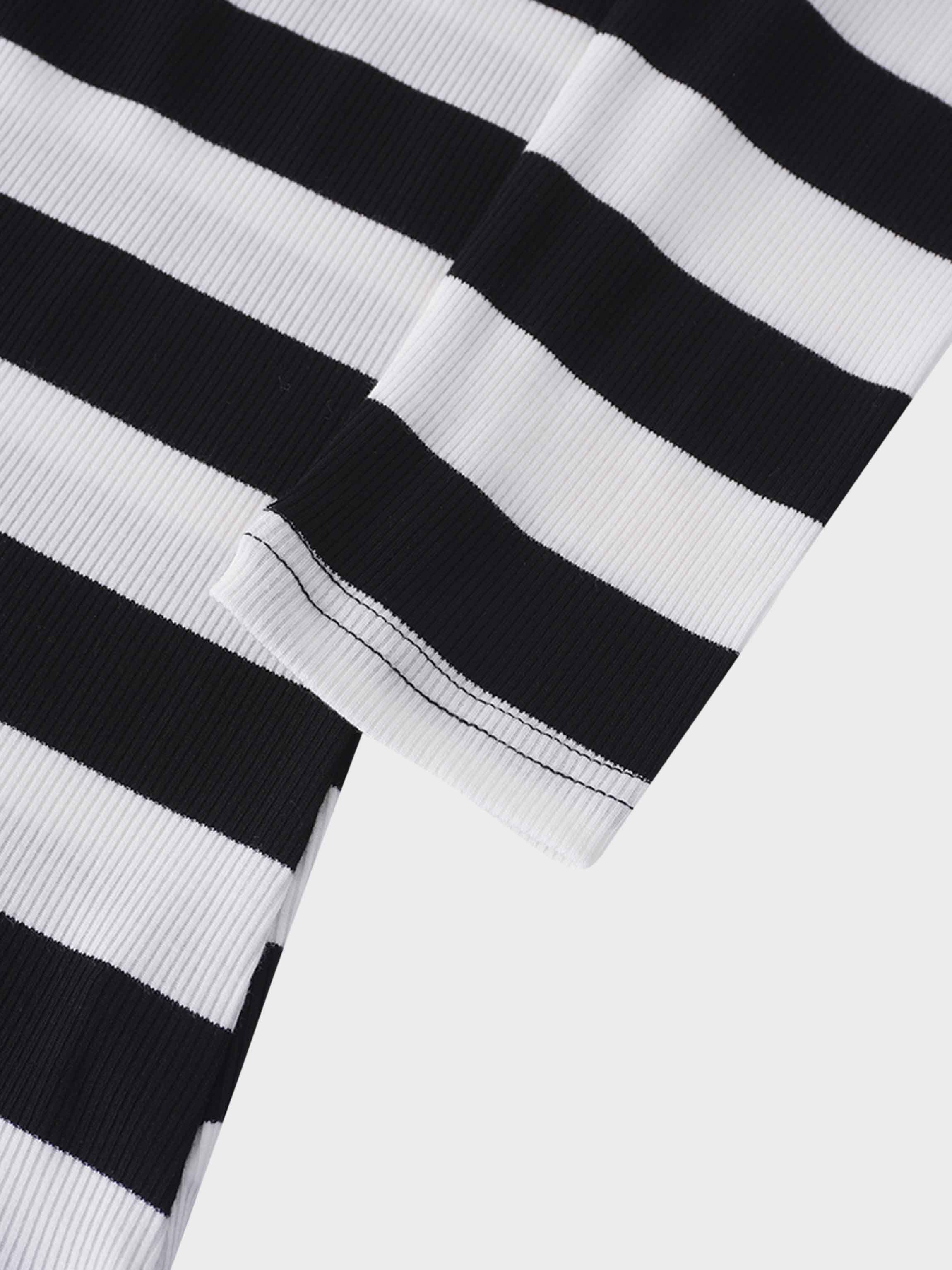 Ribbed Striped High V Tee Long Sleeve-White/Black