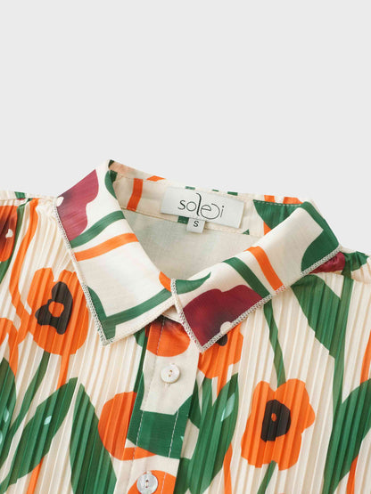 Micro Pleats Princess Style Dress-Orange Floral
