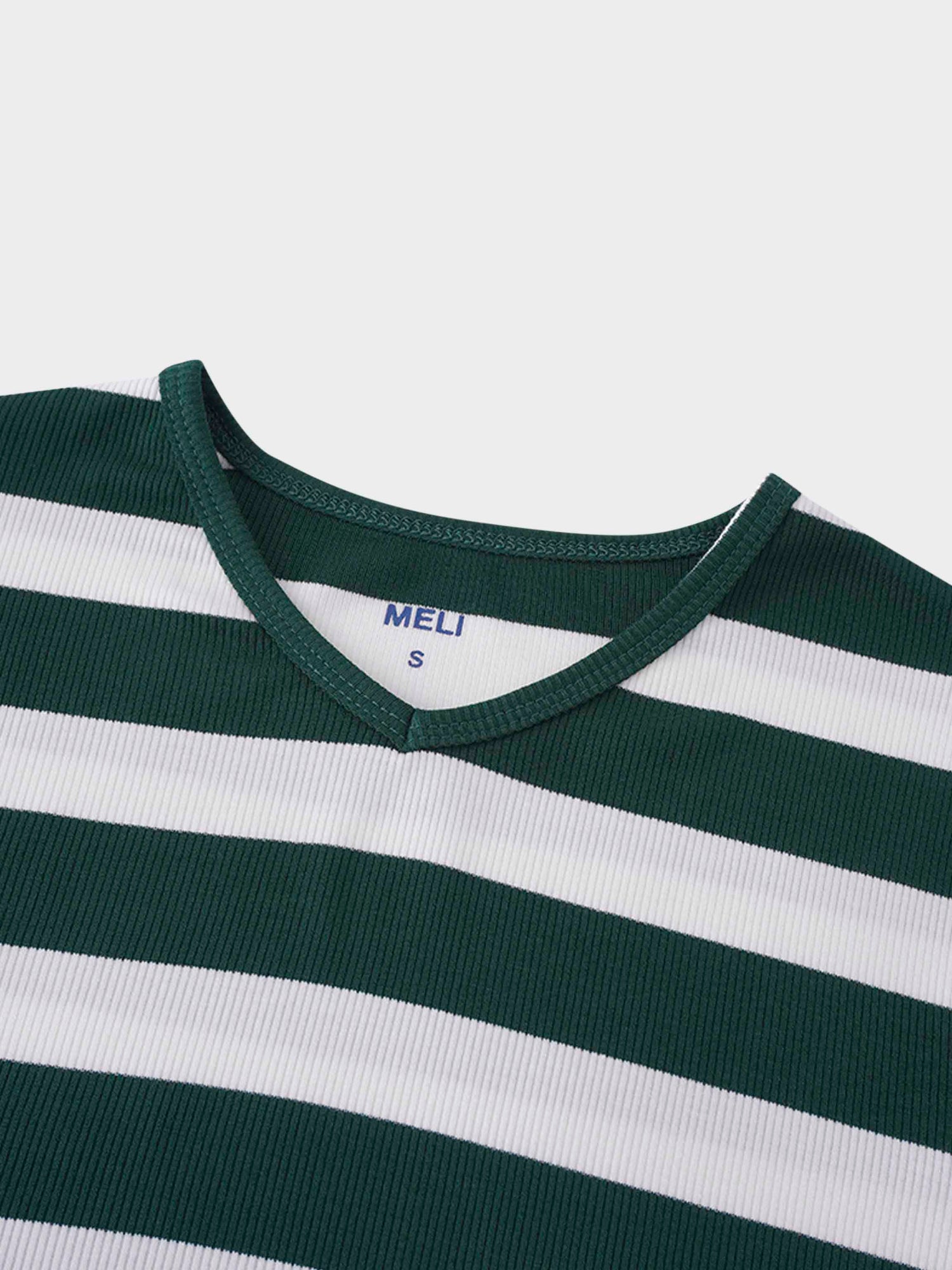 Ribbed Striped High V Tee Long Sleeve-Green/Ivory