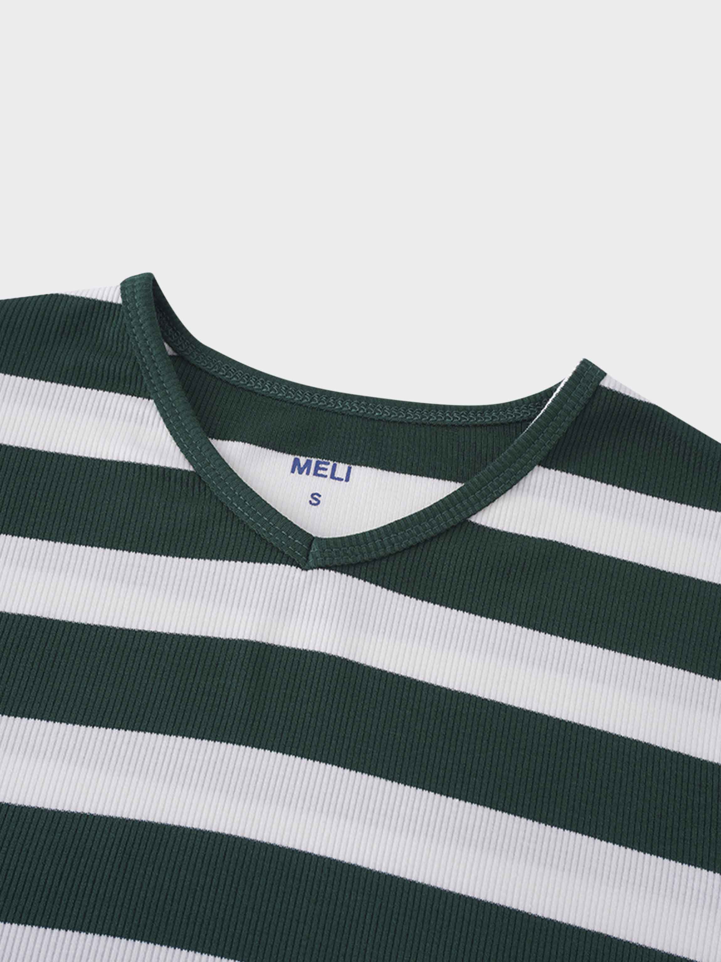 Ribbed Striped High V Tee Long Sleeve-Green/Ivory