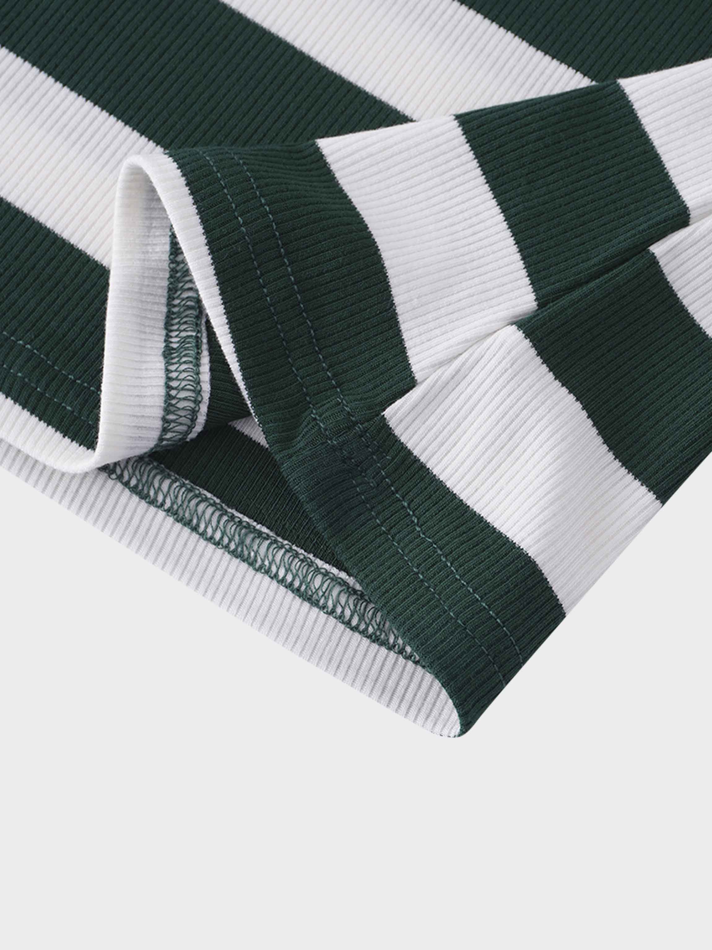 Ribbed Striped High V Tee Long Sleeve-Green/Ivory