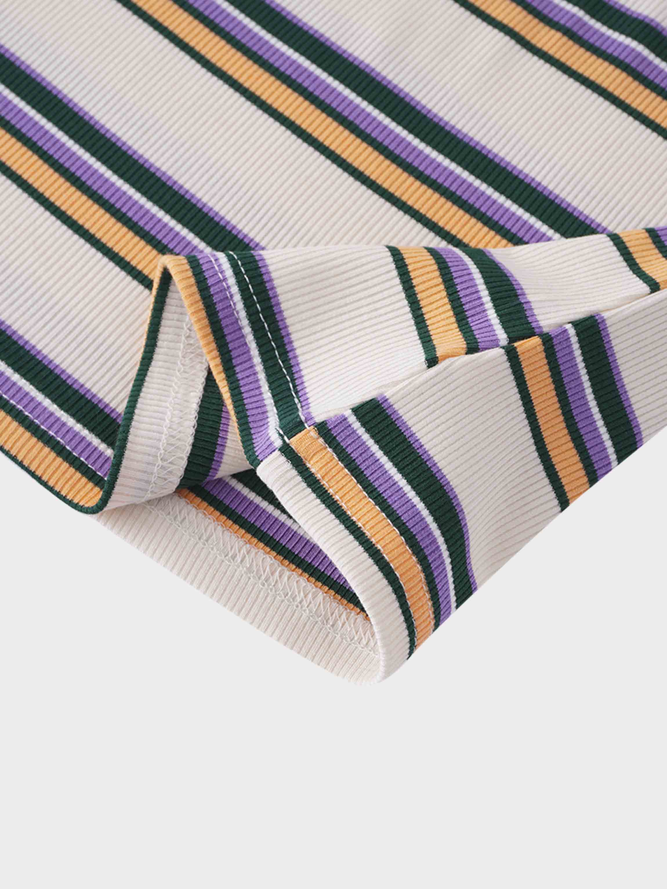 Ribbed Striped High V Tee Long Sleeve-Peach/Green