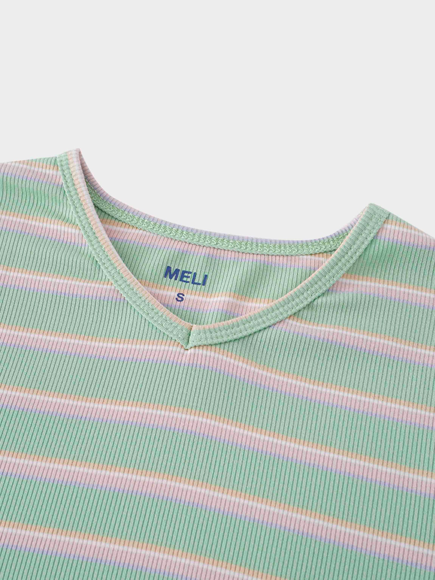 Ribbed Striped High V Tee Long Sleeve-Mint/Pink