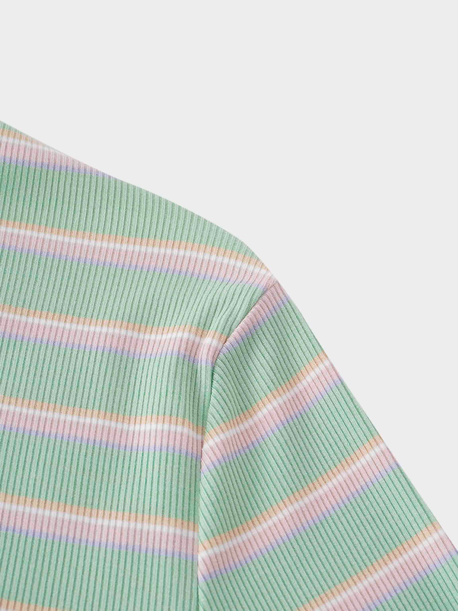 Ribbed Striped High V Tee Long Sleeve-Mint/Pink