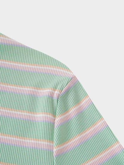 Ribbed Striped High V Tee Long Sleeve-Mint/Pink