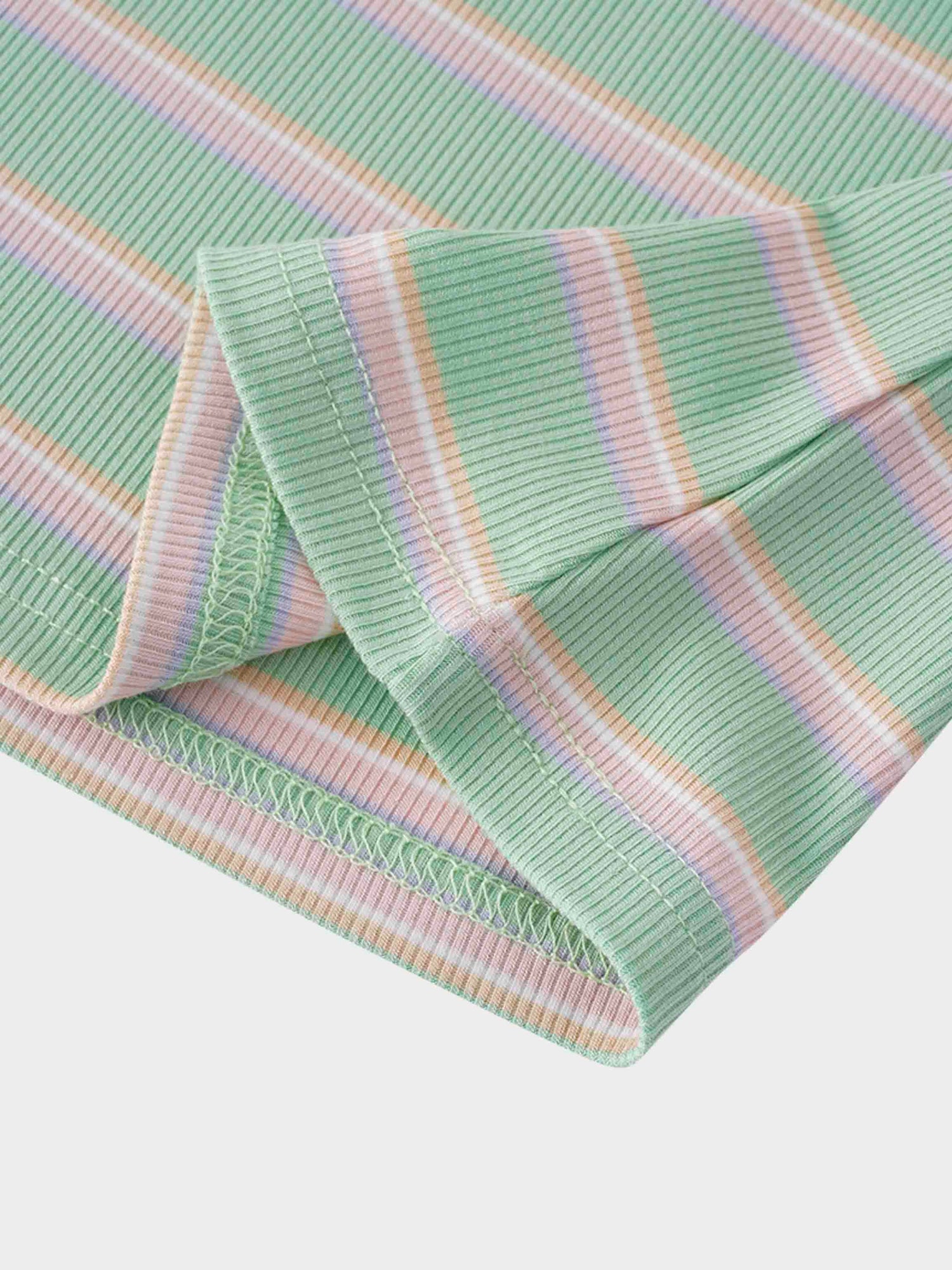 Ribbed Striped High V Tee Long Sleeve-Mint/Pink