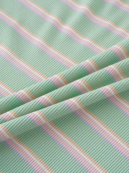 Ribbed Striped High V Tee Long Sleeve-Mint/Pink