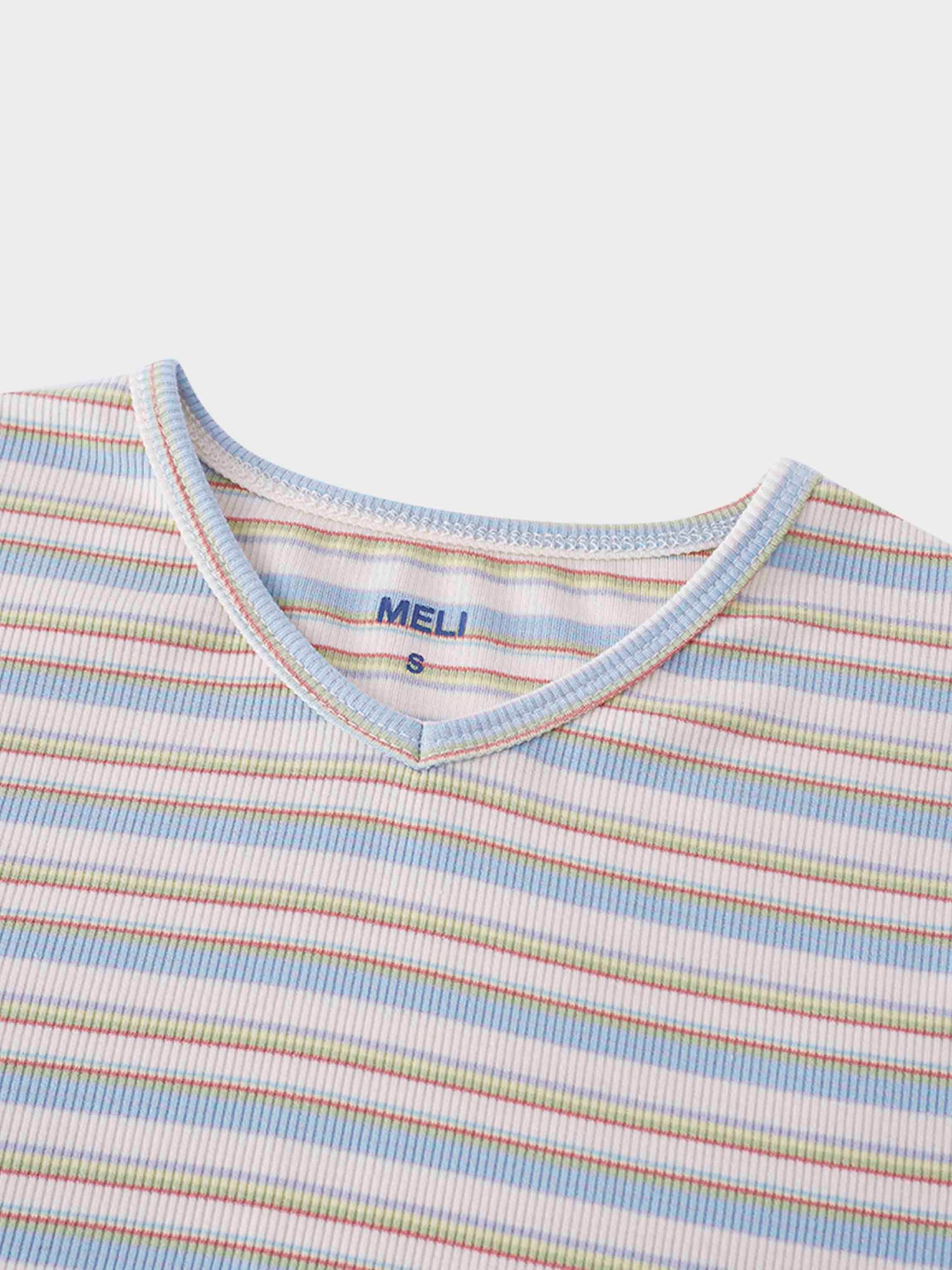 Ribbed Striped High V Tee Long Sleeve-Ivory/Light Blue