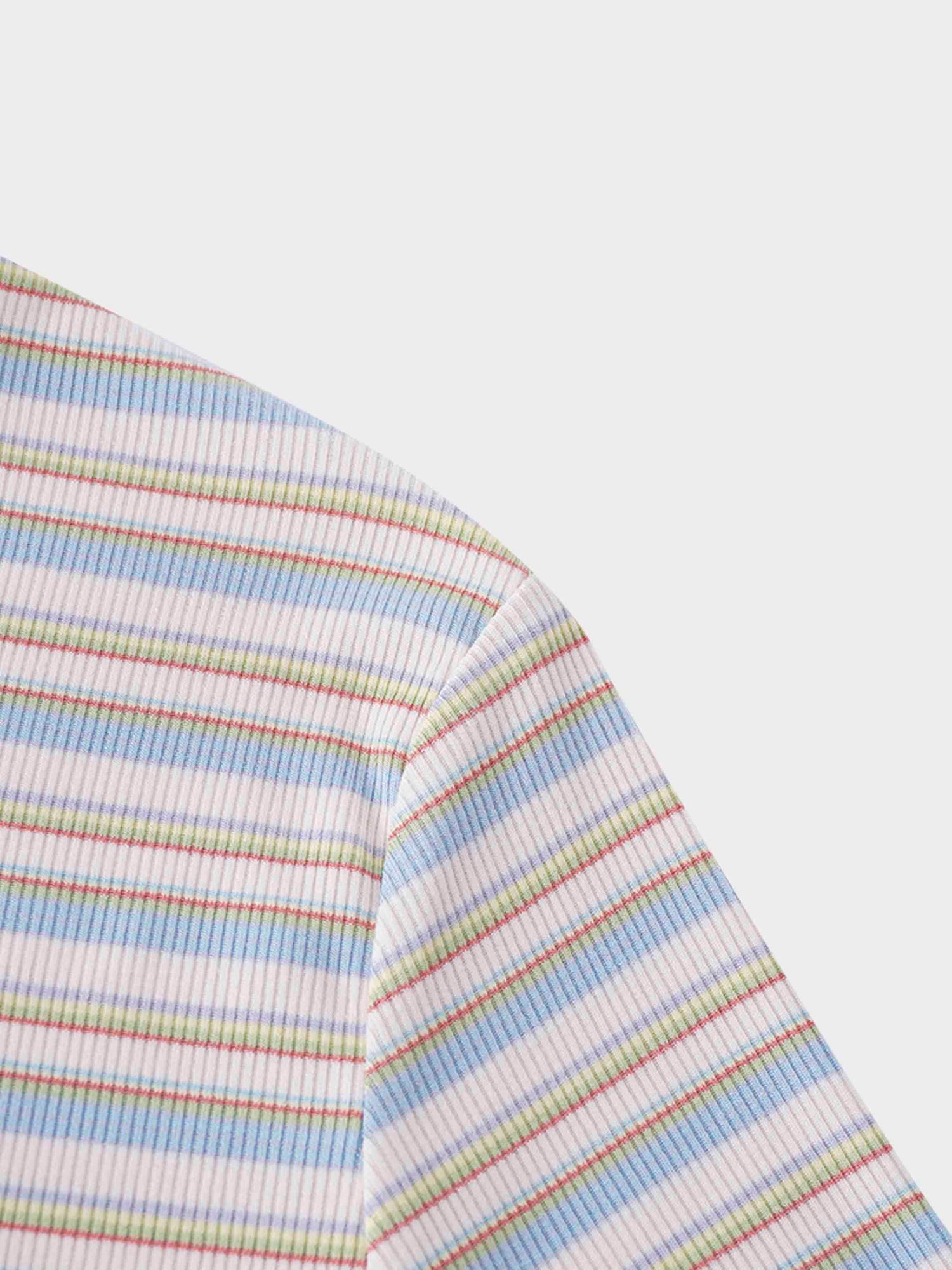 Ribbed Striped High V Tee Long Sleeve-Ivory/Light Blue