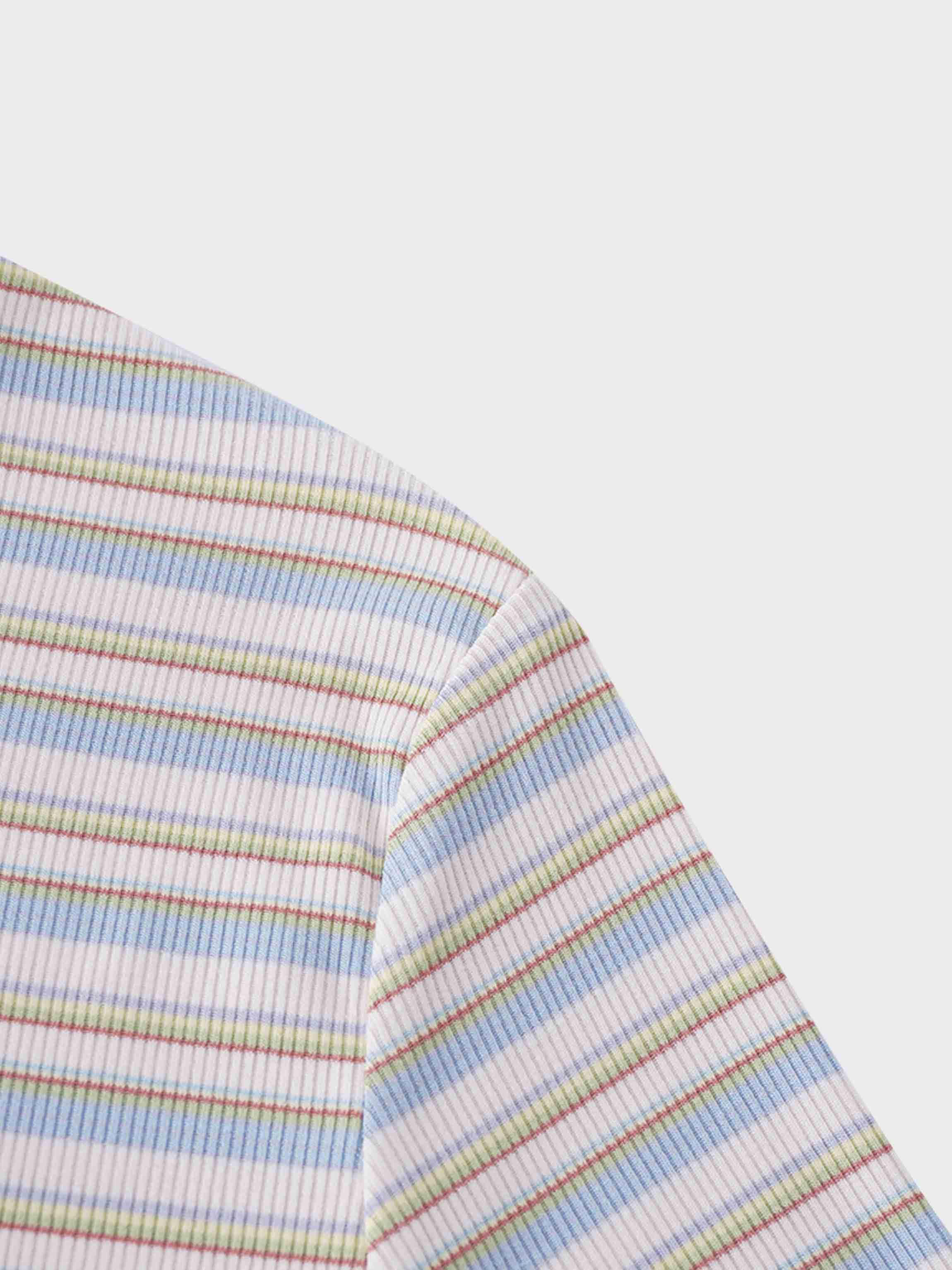 Ribbed Striped High V Tee Long Sleeve-Ivory/Light Blue