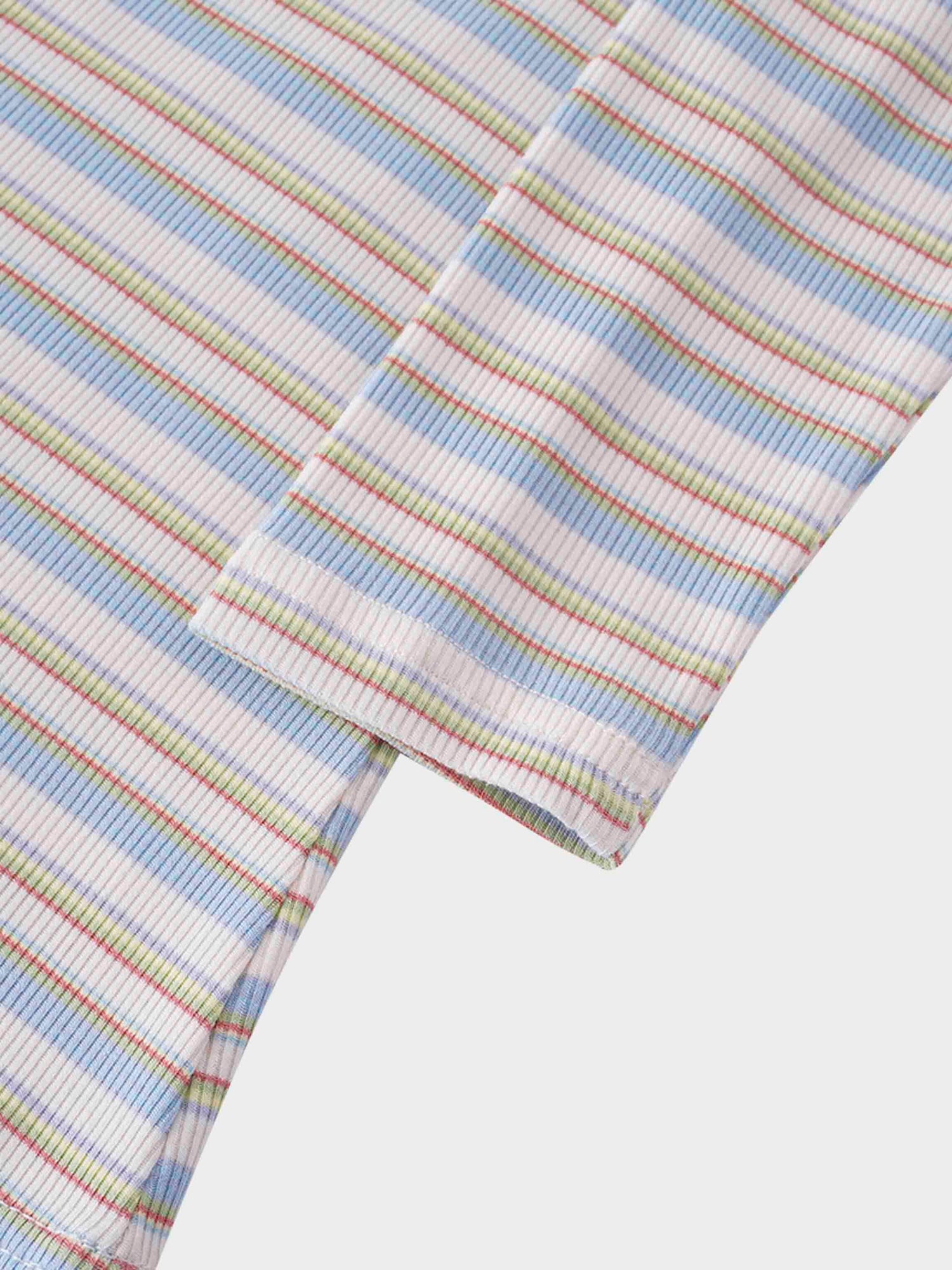 Ribbed Striped High V Tee Long Sleeve-Ivory/Light Blue