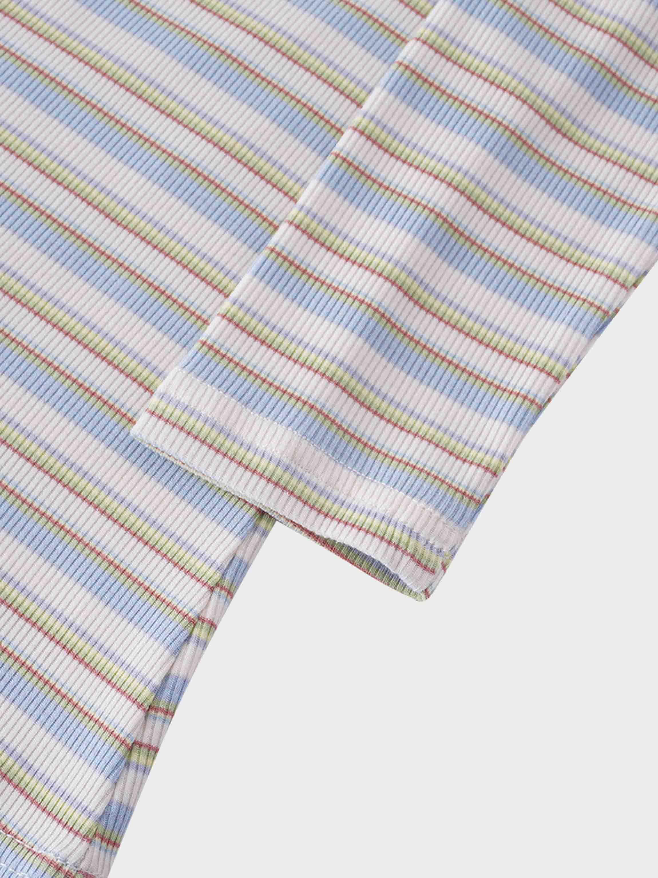 Ribbed Striped High V Tee Long Sleeve-Ivory/Light Blue