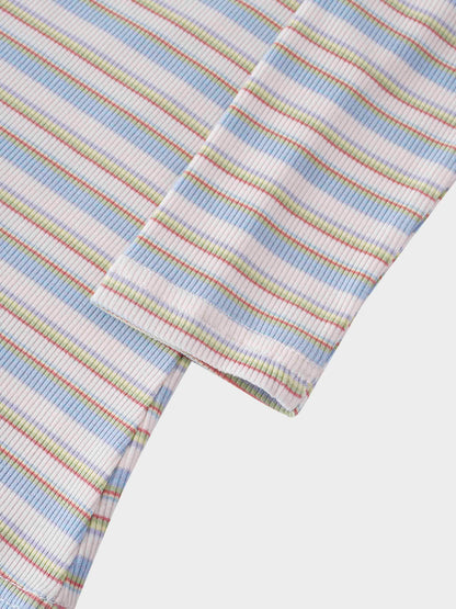 Ribbed Striped High V Tee Long Sleeve-Ivory/Light Blue