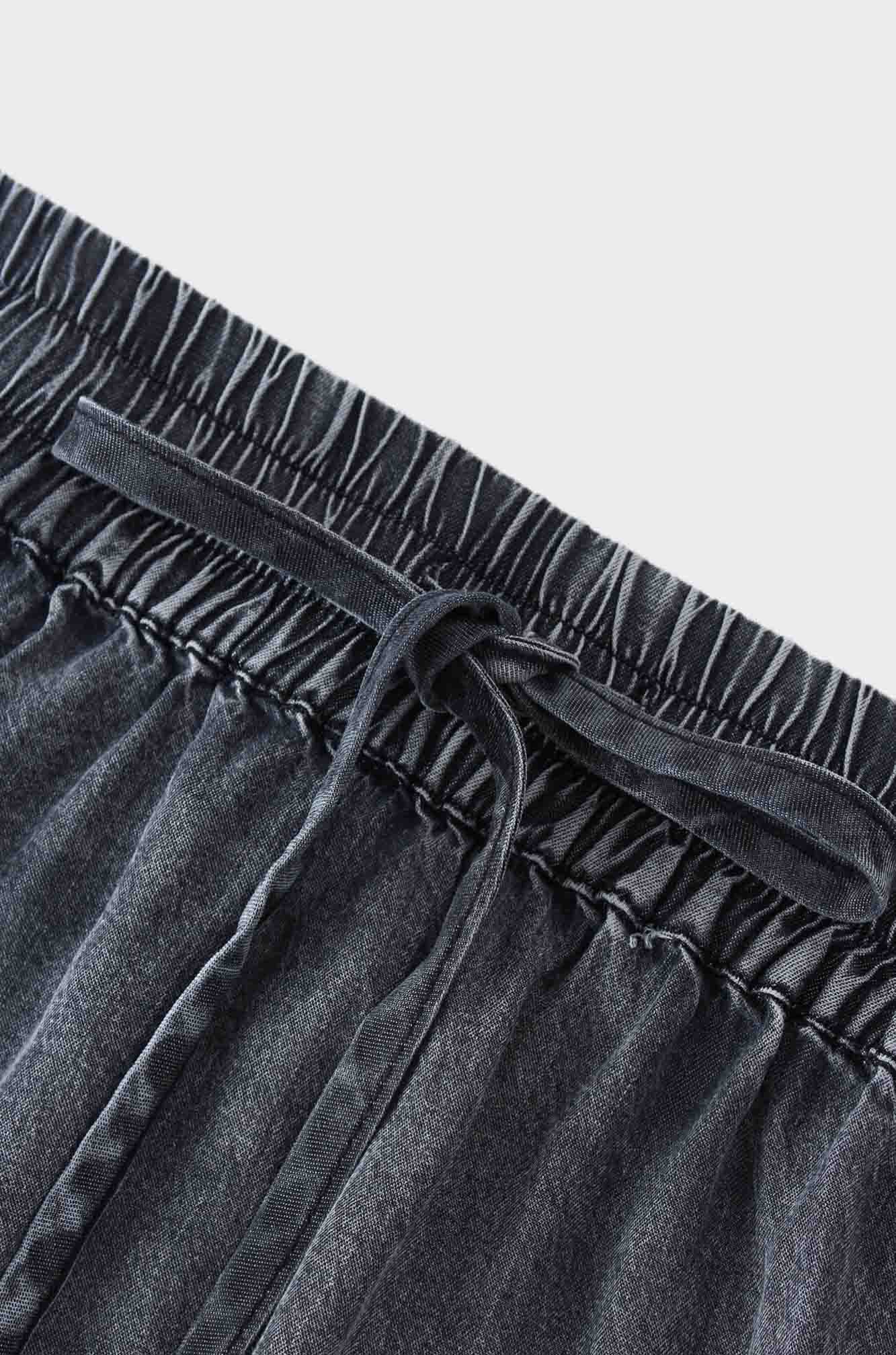 Washed Drawstring Denim Skirt-Black