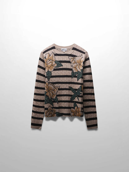 Printed Cable Knit Sweater-Striped Floral
