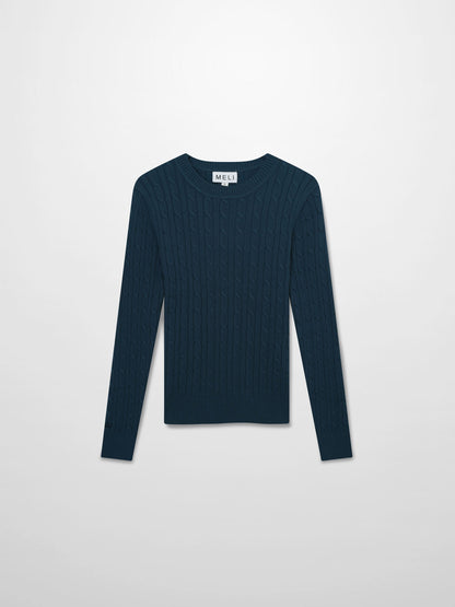 Crew Neck Cable Sweater-Teal