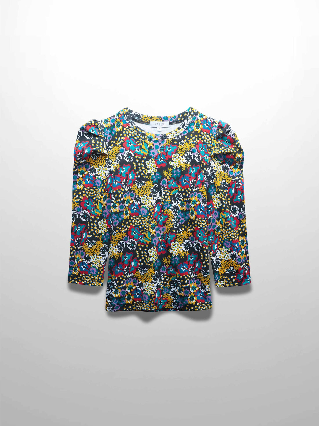 Ribbed Crew Neck Puff Sleeve Top-Colored Floral
