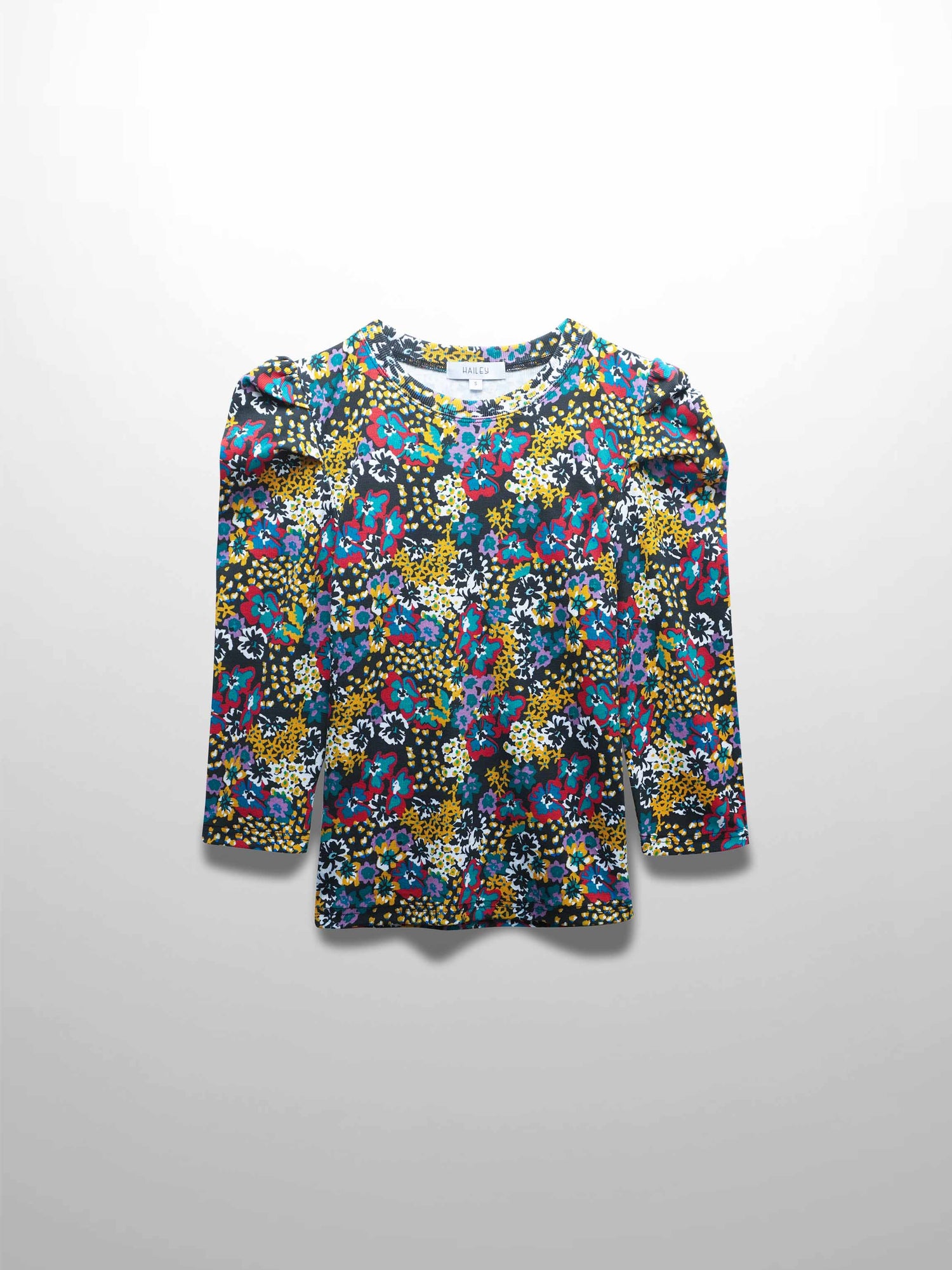 Ribbed Crew Neck Puff Sleeve Top-Colored Floral