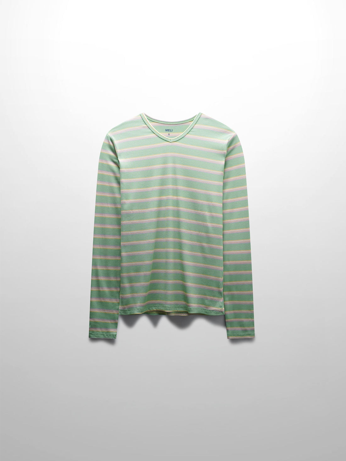 Ribbed Striped High V Tee Long Sleeve-Mint/Pink