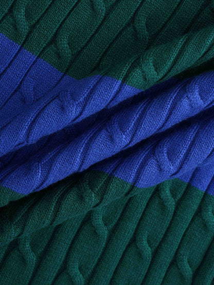 Striped Cable Sweater-Cobalt Blue/Hunter Green