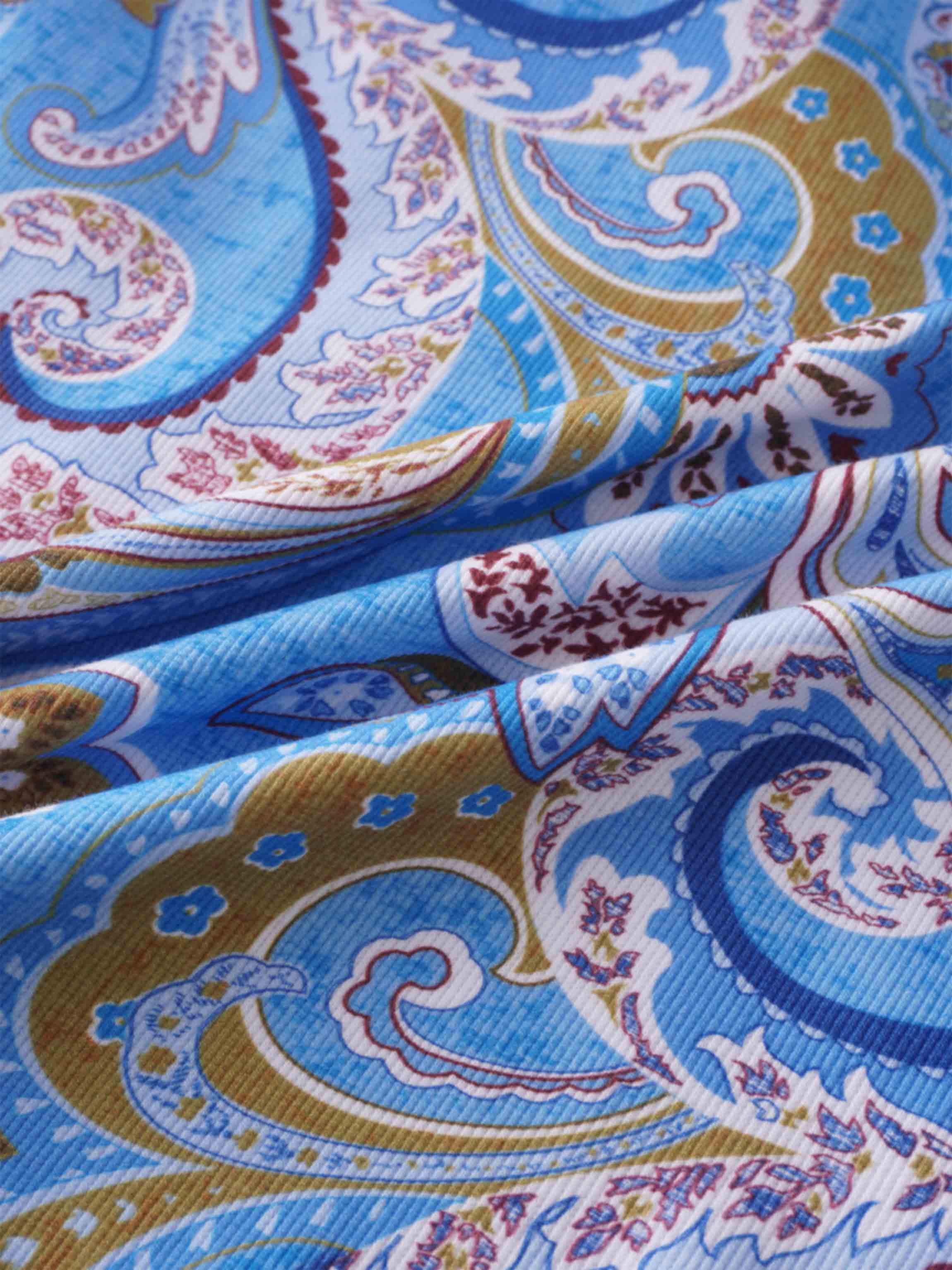 Ribbed Crew Neck Puff Sleeve Top-Light Blue Paisley