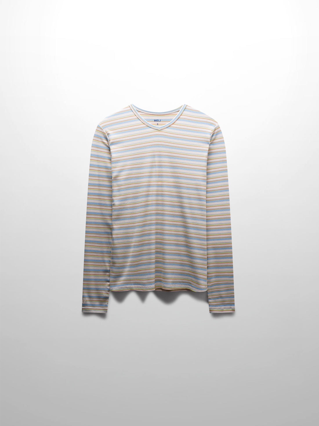 Ribbed Striped High V Tee Long Sleeve-Ivory/Light Blue