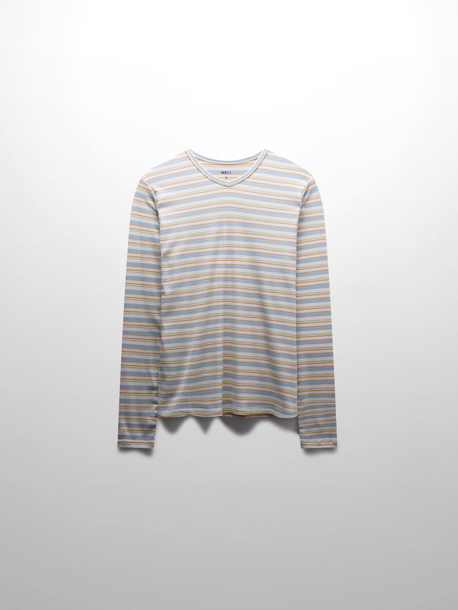 Ribbed Striped High V Tee Long Sleeve-Ivory/Light Blue