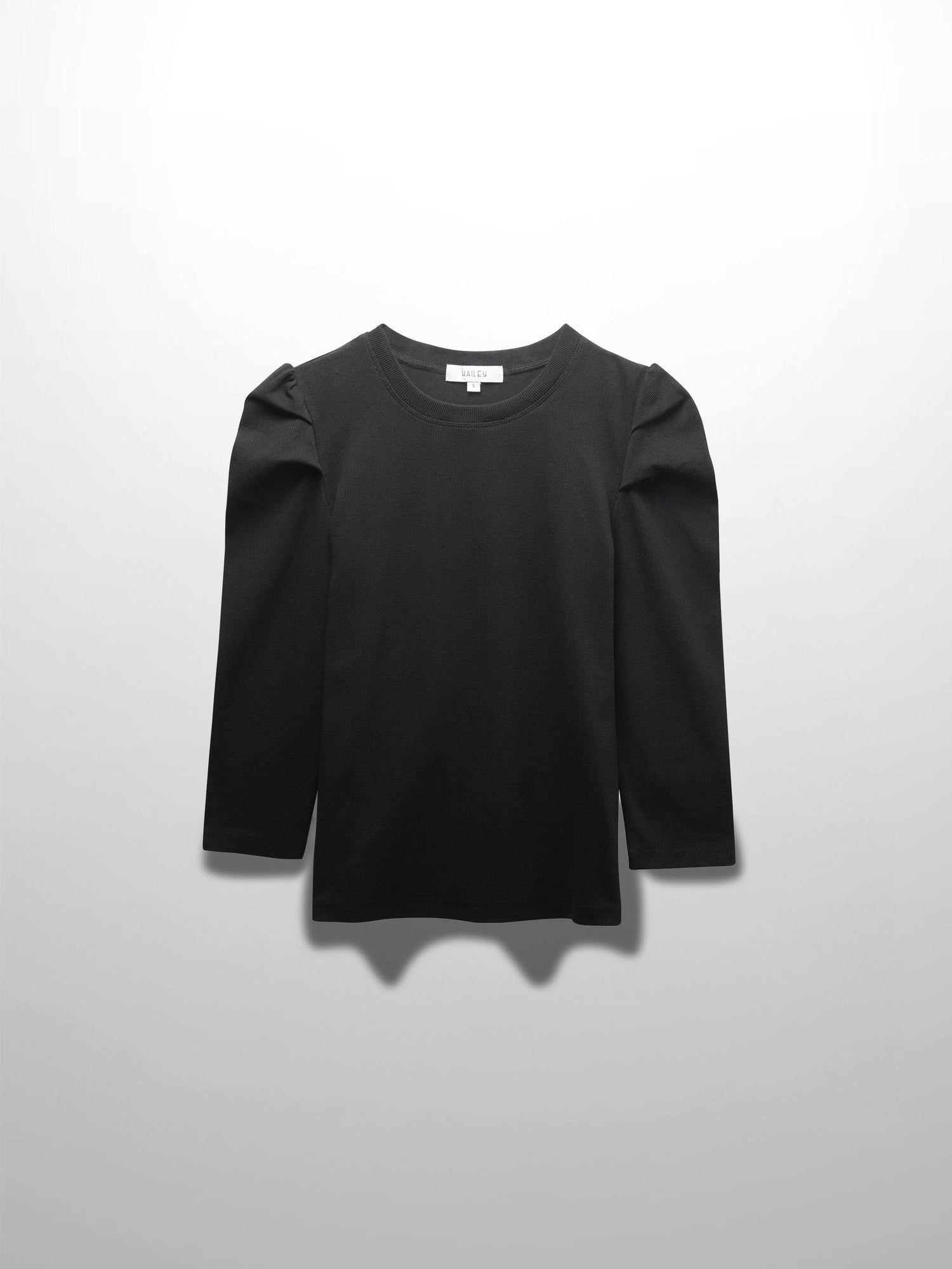 Ribbed Crew Neck Puff Sleeve Top-Black