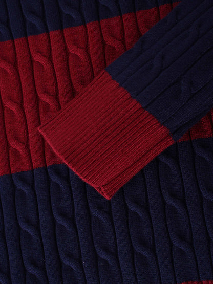 Striped Cable Sweater-Navy/Maroon