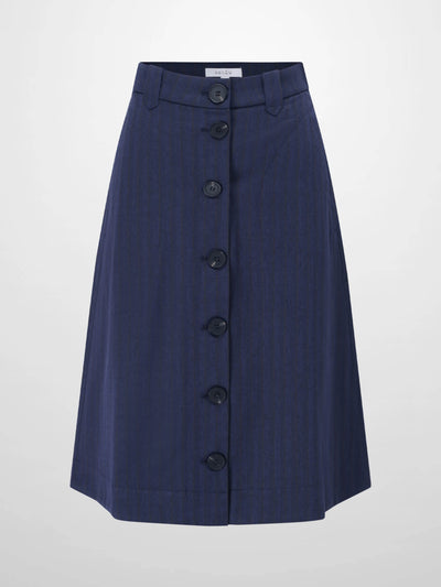 Herringbone Pinstripe Button Down A-Line Skirt-Navy/Brown