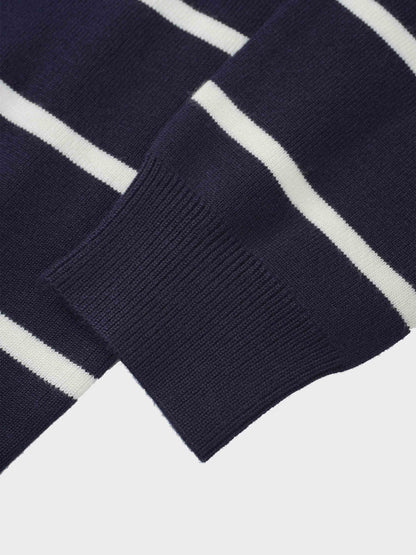 Mock Neck Thin Knit Sweater-Navy/Cream