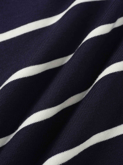 Mock Neck Thin Knit Sweater-Navy/Cream