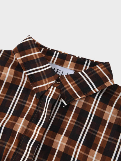 Puff Sleeve Blouse-Brown Plaid