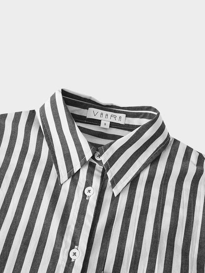 Striped Pocket Cotton Blouse-Black