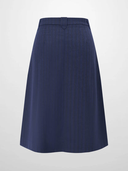 Herringbone Pinstripe Button Down A-Line Skirt-Navy/Brown