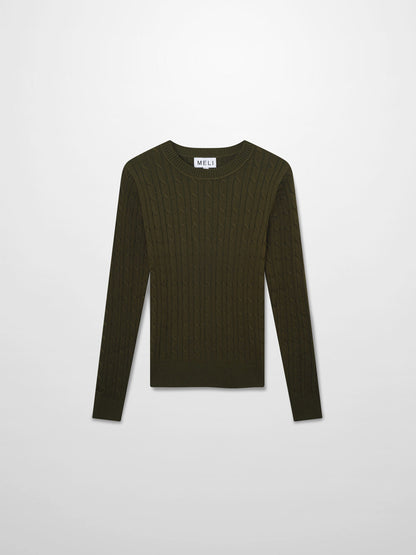 Crew Neck Cable Sweater-Olive Green