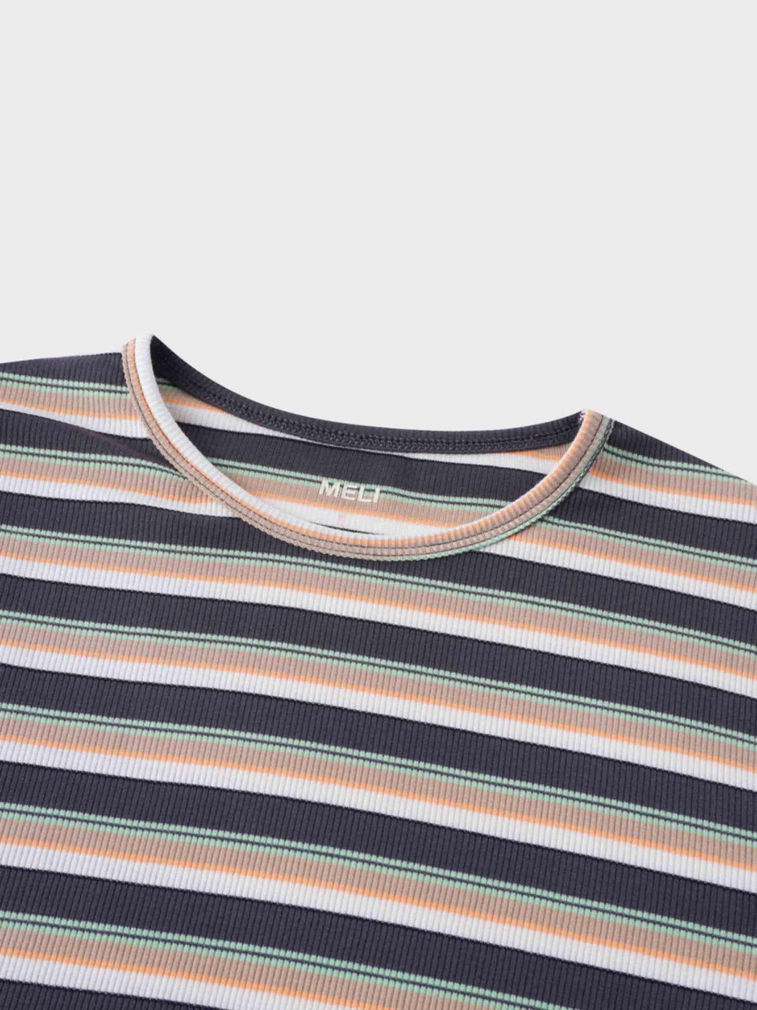 Ribbed Striped Crew 3/4 Sleeve-Brown/Ivory