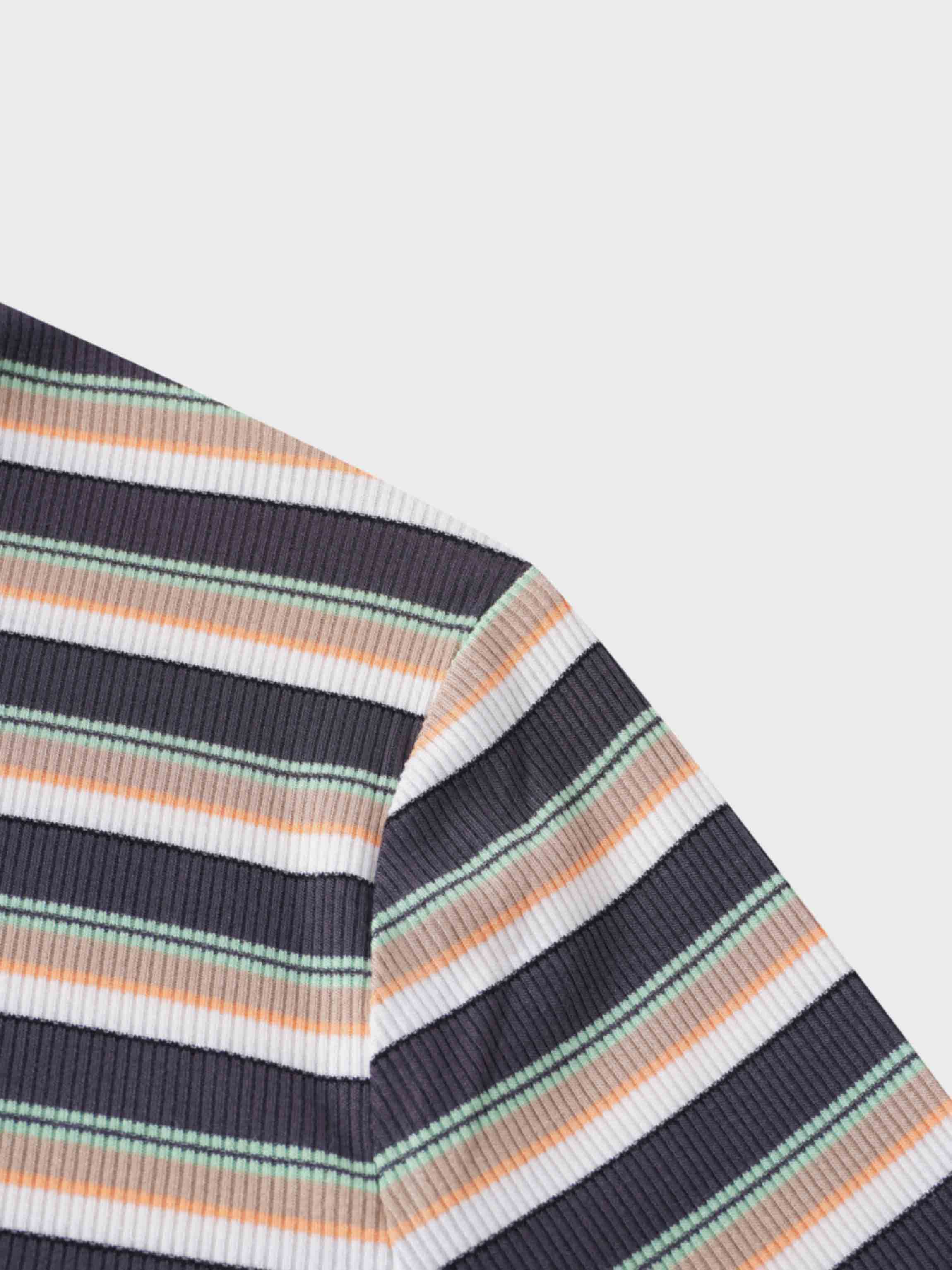 Ribbed Striped Crew 3/4 Sleeve-Brown/Ivory