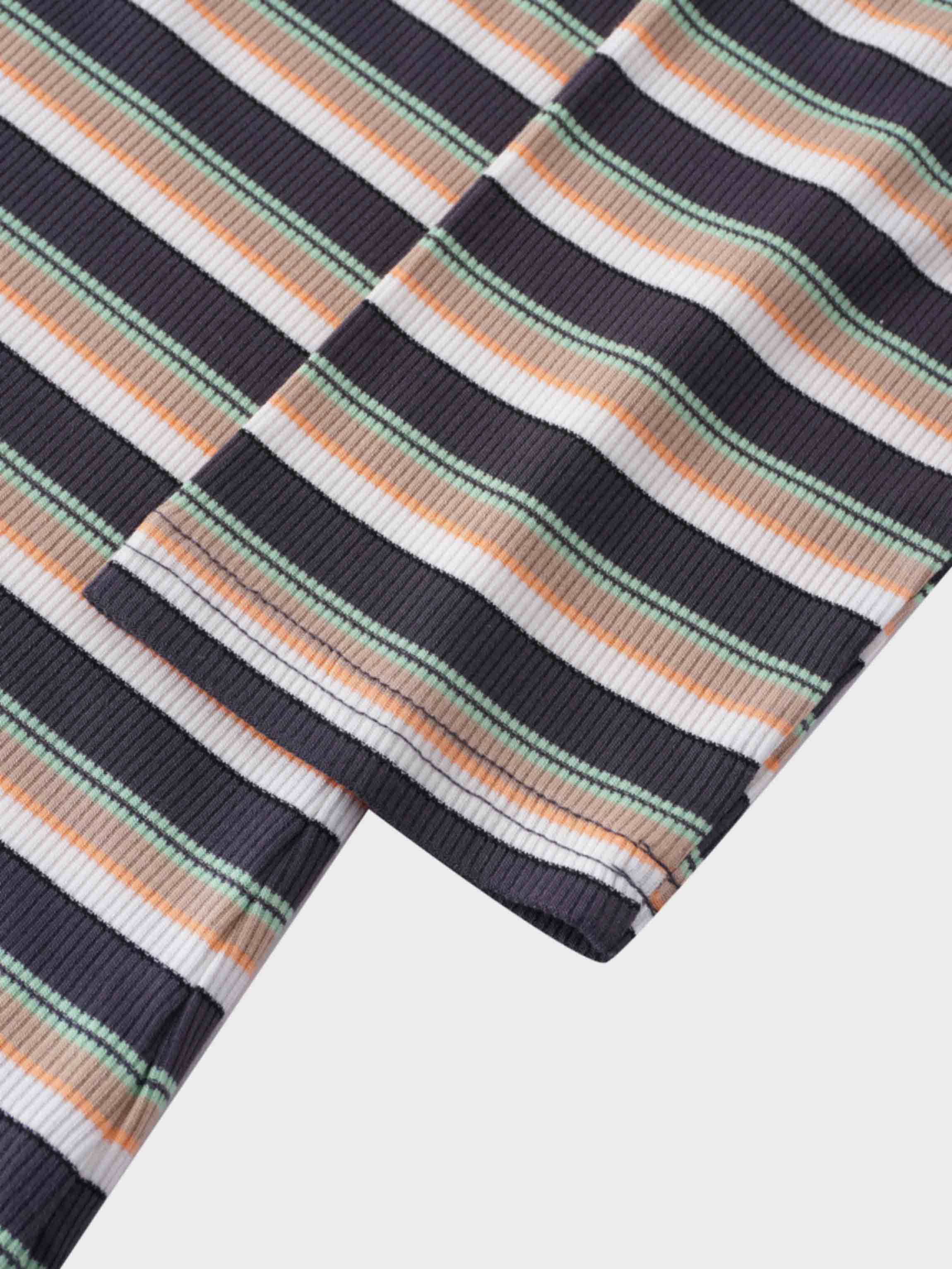 Ribbed Striped Crew 3/4 Sleeve-Brown/Ivory