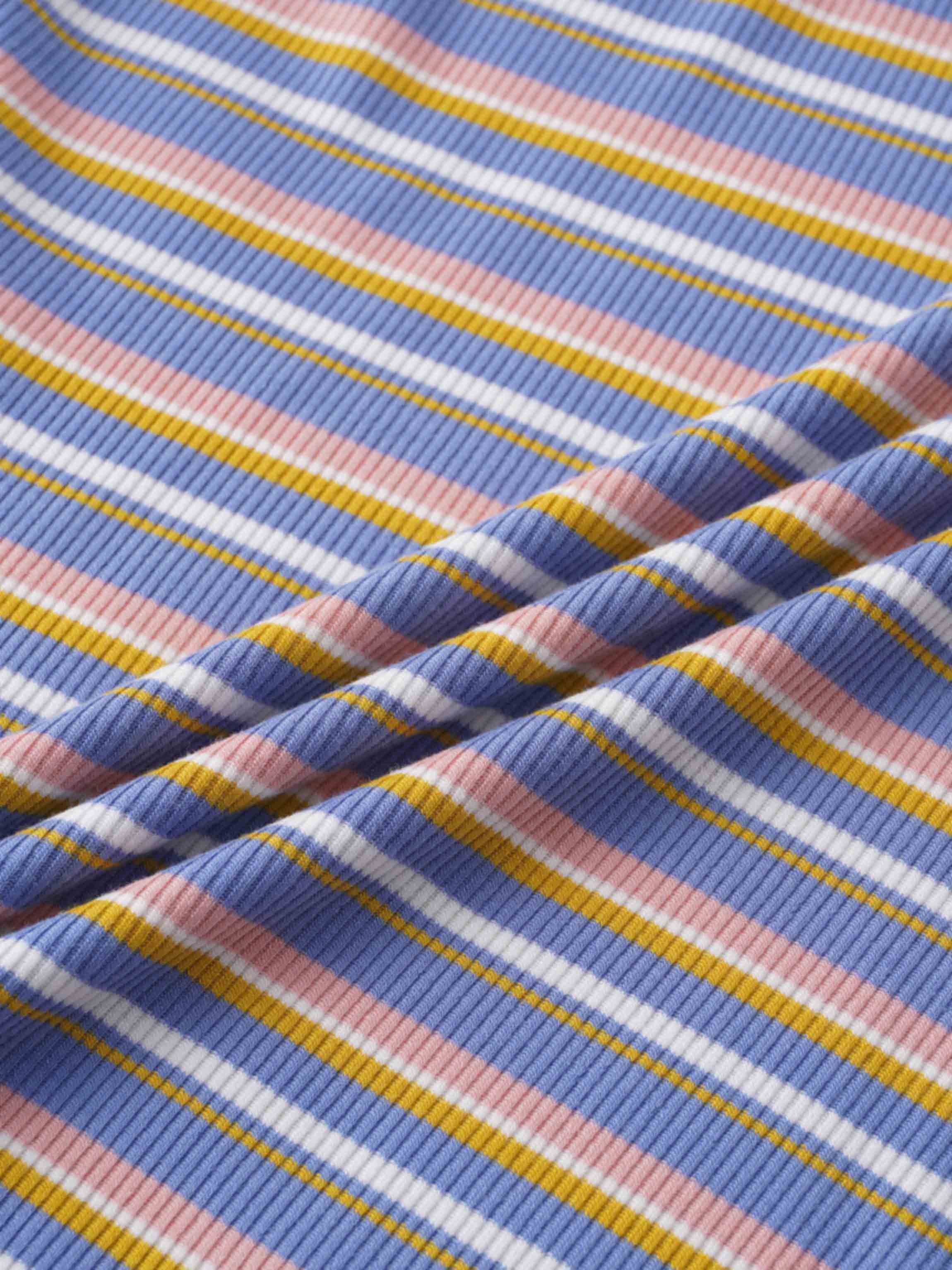 Ribbed Striped Crew 3/4 Sleeve-Light Blue/Pink