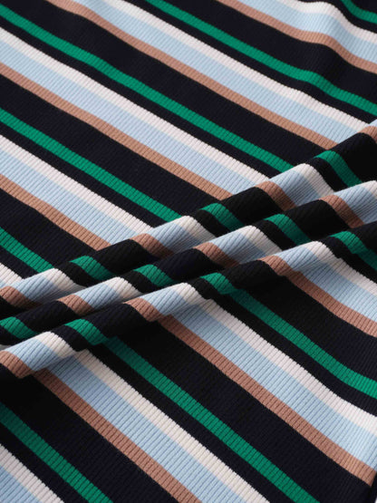 Ribbed Striped Crew 3/4 Sleeve-Green