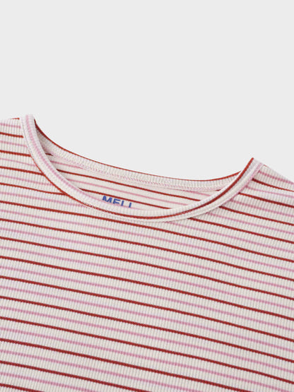 Ribbed Striped Crew 3/4 Sleeve-Pink/Raspberry