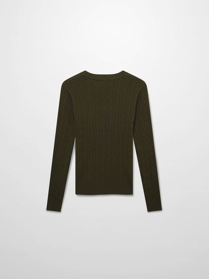 Crew Neck Cable Sweater-Olive Green