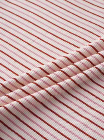 Ribbed Striped Crew 3/4 Sleeve-Pink/Raspberry