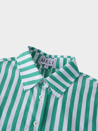 Front Drawstring Crop Blouse-Green/White